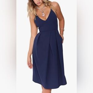 NWT Size 14 XXL Navy Blue Sleeveless v neck Strappy Cocktail midi Dress Pockets